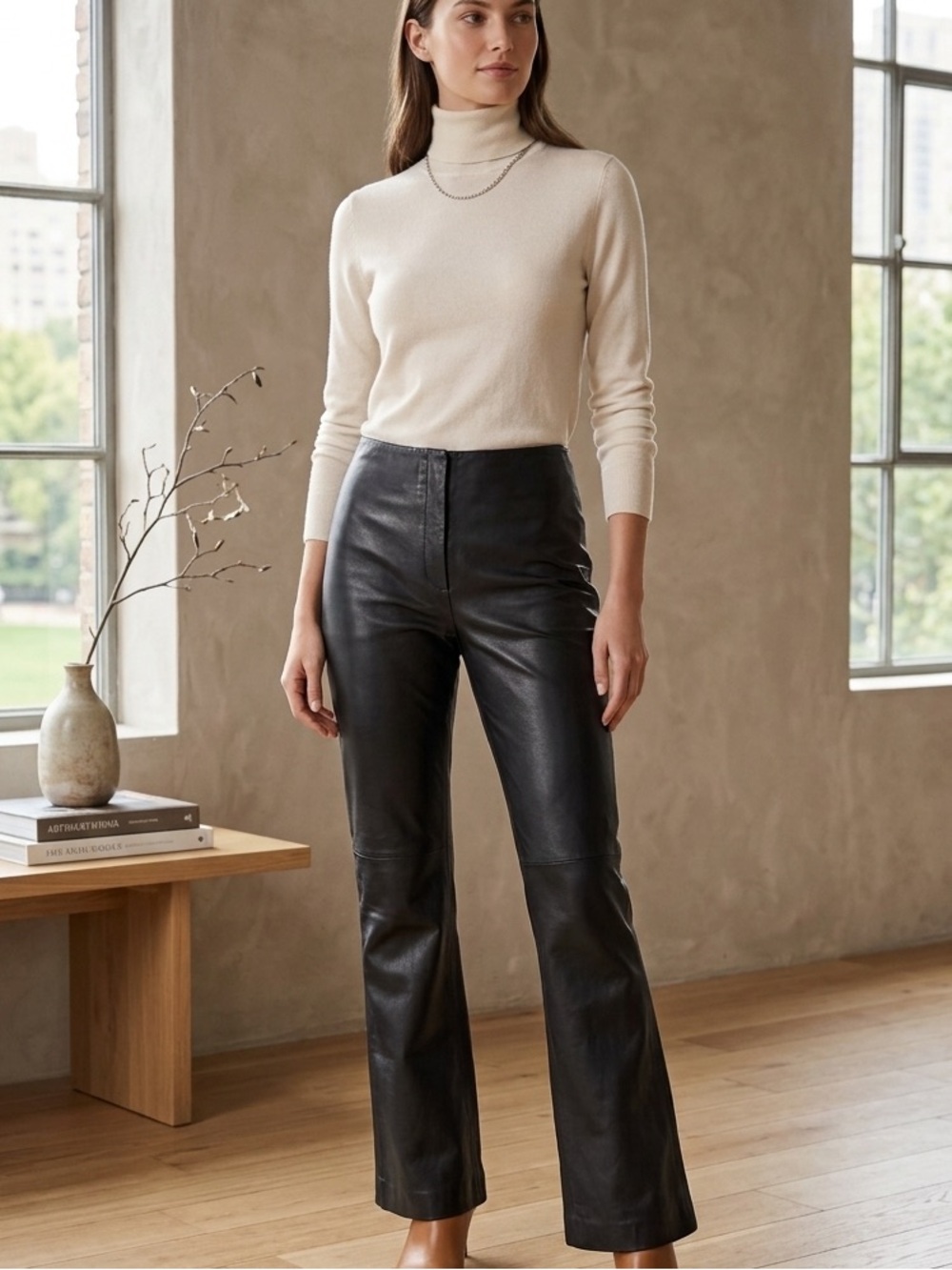 Vakko Black Leather Flare Pants